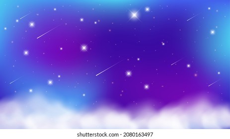 The night sky with clouds and glowing stars. Magical landscape, abstract fabulous pattern. Magic universe background. Vector