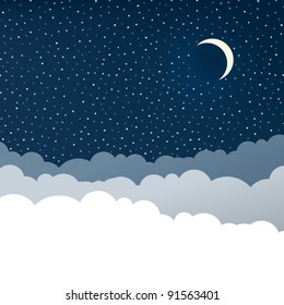 Night sky with clouds (isolated copyspace), stars and crescent moon.