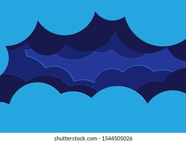 Night sky with clouds. Light in the Dark and Dramatic Storm Clouds background. Vector illustration in paper cut style.