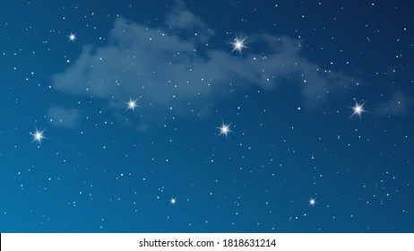 Night sky with clouds and many stars. Abstract nature background with stardust in deep universe. Vector illustration.