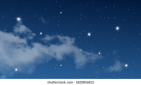 Night sky with clouds and many stars. Abstract nature background with stardust in deep universe. Vector illustration.
