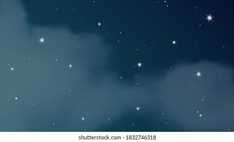 Night sky with clouds and many stars. Abstract nature background with stardust in deep universe. Vector illustration.