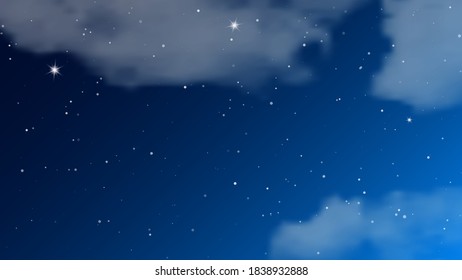 Night sky with clouds and many stars. Abstract nature background with stardust in deep universe. Vector illustration.