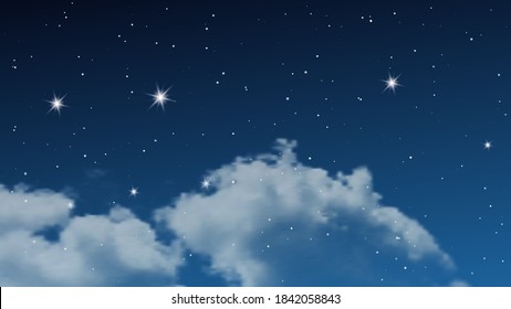 Night sky with clouds and many stars. Abstract nature background with stardust in deep universe. Vector illustration.