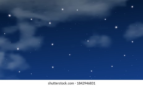 Night sky with clouds and many stars. Abstract nature background with stardust in deep universe. Vector illustration.