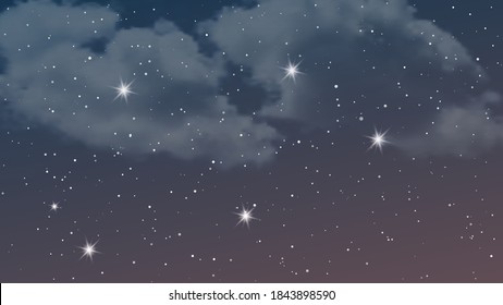 Night sky with clouds and many stars. Abstract nature background with stardust in deep universe. Vector illustration.