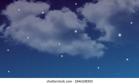 Cielo nocturno con nubes y muchas estrellas. Resumen del fondo natural con el polvo de estrellas en el universo profundo. Ilustración vectorial.
