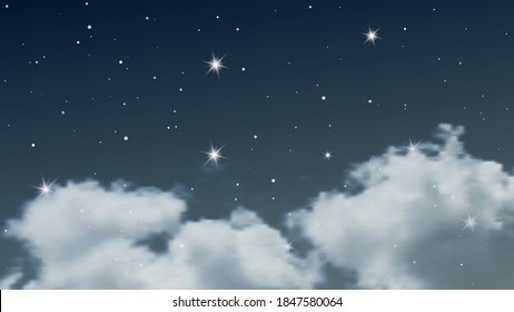 Night sky with clouds and many stars. Abstract nature background with stardust in deep universe. Vector illustration.