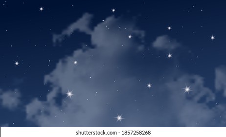 Night sky with clouds and many stars. Abstract nature background with stardust in deep universe. Vector illustration.