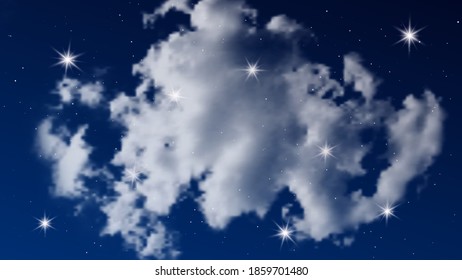 Night sky with clouds and many stars. Abstract nature background with stardust in deep universe. Vector illustration.