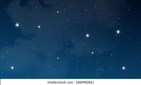Night sky with clouds and many stars. Abstract nature background with stardust in deep universe. Vector illustration.
