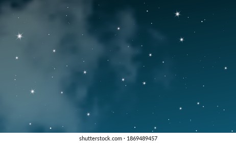 Night sky with clouds and many stars. Abstract nature background with stardust in deep universe. Vector illustration.