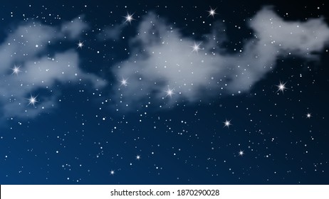 Night sky with clouds and many stars. Abstract nature background with stardust in deep universe. Vector illustration.