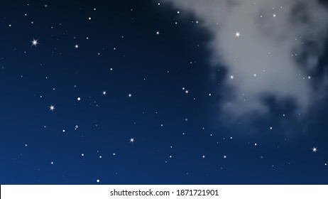 Night sky with clouds and many stars. Abstract nature background with stardust in deep universe. Vector illustration.