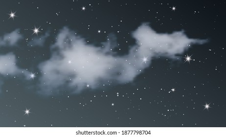 Night sky with clouds and many stars. Abstract nature background with stardust in deep universe. Vector illustration.