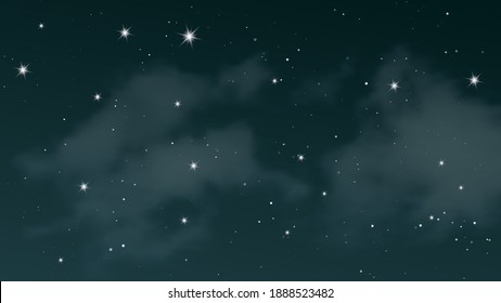 Night sky with clouds and many stars. Abstract nature background with stardust in deep universe. Vector illustration.