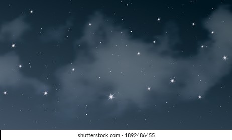 Night sky with clouds and many stars. Abstract nature background with stardust in deep universe. Vector illustration.