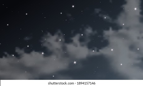 Night sky with clouds and many stars. Abstract nature background with stardust in deep universe. Vector illustration.