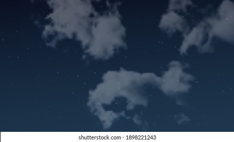 Night sky with clouds and many stars. Abstract nature background with stardust in deep universe. Vector illustration.