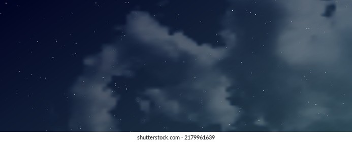 Night sky with clouds and many stars. Abstract nature background with stardust in deep universe. Vector illustration