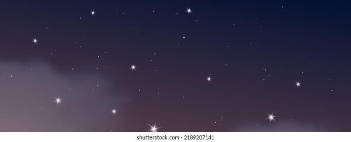 Night sky with clouds and many stars. Abstract nature background with stardust in deep universe. Vector illustration