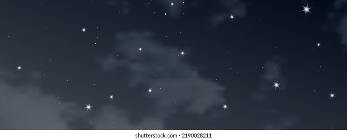 Night sky with clouds and many stars. Abstract nature background with stardust in deep universe. Vector illustration