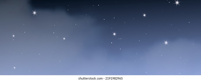 Night sky with clouds and many stars. Abstract nature background with stardust in deep universe. Vector illustration