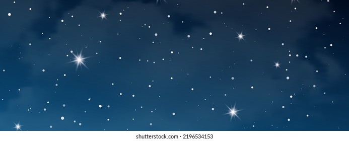 Night sky with clouds and many stars. Abstract nature background with stardust in deep universe. Vector illustration