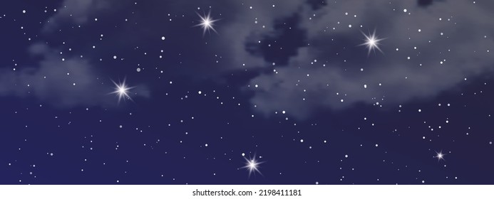 Nachthimmel mit Wolken und vielen Sternen. Abstrakter Naturhintergrund mit Stardust in tiefem Universum. Vektorgrafik