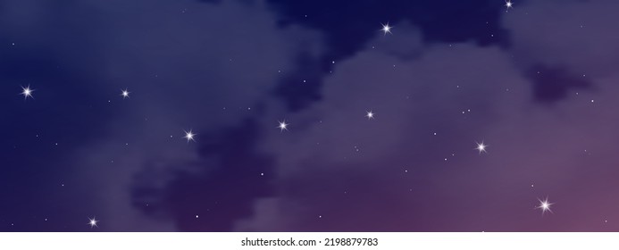 Night sky with clouds and many stars. Abstract nature background with stardust in deep universe. Vector illustration