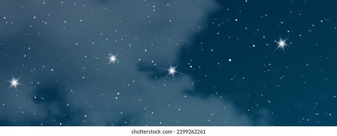Night sky with clouds and many stars. Abstract nature background with stardust in deep universe. Vector illustration