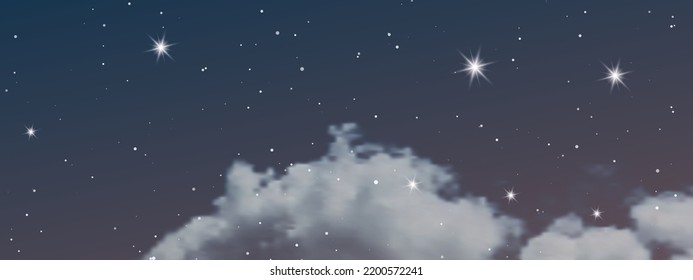 Night sky with clouds and many stars. Abstract nature background with stardust in deep universe. Vector illustration