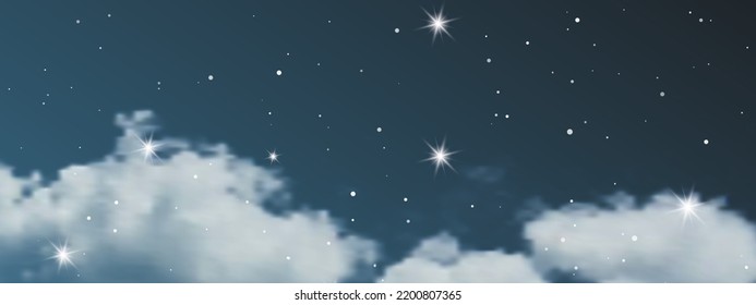 Night sky with clouds and many stars. Abstract nature background with stardust in deep universe. Vector illustration