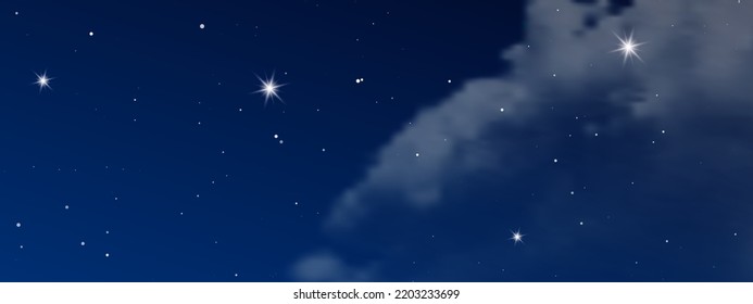 Night sky with clouds and many stars. Abstract nature background with stardust in deep universe. Vector illustration