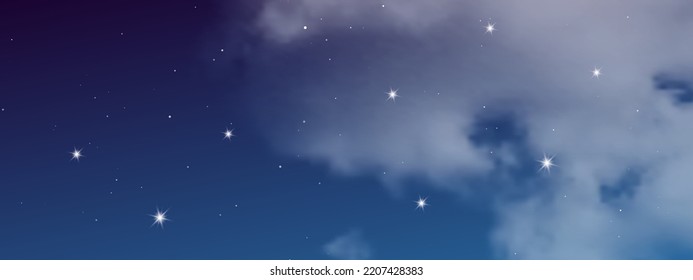 Night sky with clouds and many stars. Abstract nature background with stardust in deep universe. Vector illustration