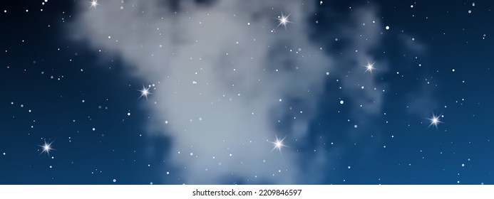 Night sky with clouds and many stars. Abstract nature background with stardust in deep universe. Vector illustration