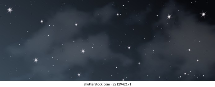 Night sky with clouds and many stars. Abstract nature background with stardust in deep universe. Vector illustration