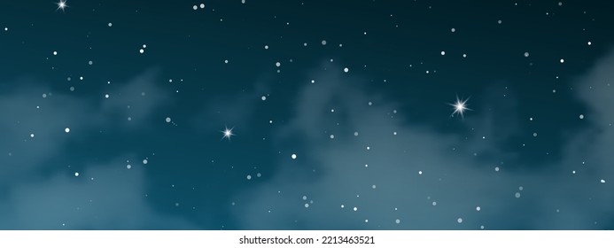 Night sky with clouds and many stars. Abstract nature background with stardust in deep universe. Vector illustration