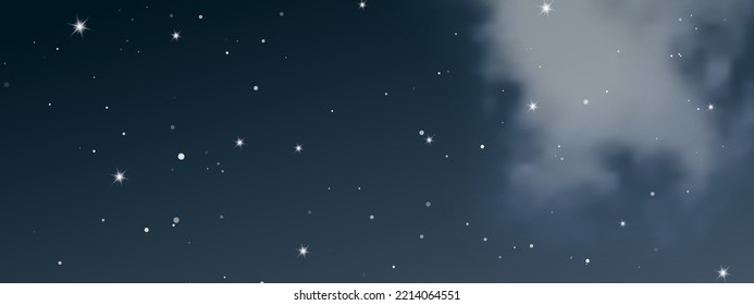 Night sky with clouds and many stars. Abstract nature background with stardust in deep universe. Vector illustration