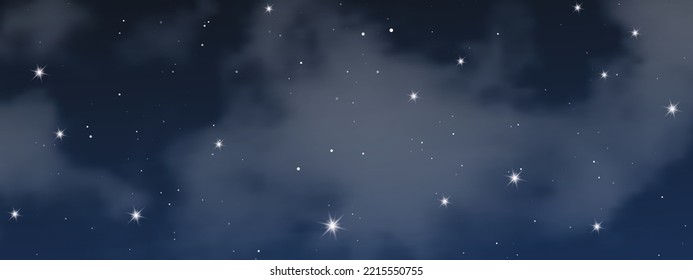 Night sky with clouds and many stars. Abstract nature background with stardust in deep universe. Vector illustration