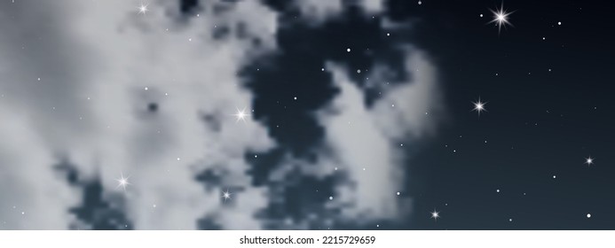 Night sky with clouds and many stars. Abstract nature background with stardust in deep universe. Vector illustration