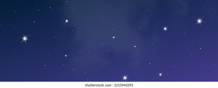 Night sky with clouds and many stars. Abstract nature background with stardust in deep universe. Vector illustration