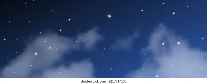 Night sky with clouds and many stars. Abstract nature background with stardust in deep universe. Vector illustration