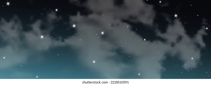 Night sky with clouds and many stars. Abstract nature background with stardust in deep universe. Vector illustration