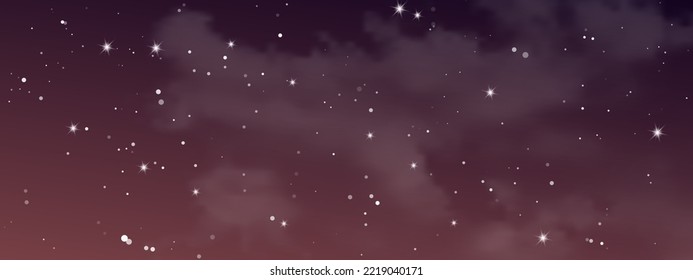 Night sky with clouds and many stars. Abstract nature background with stardust in deep universe. Vector illustration