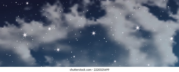 Night sky with clouds and many stars. Abstract nature background with stardust in deep universe. Vector illustration
