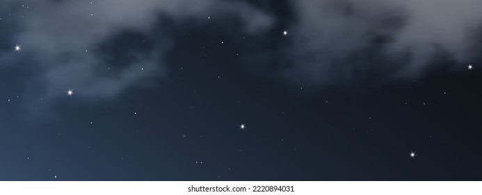 Night sky with clouds and many stars. Abstract nature background with stardust in deep universe. Vector illustration