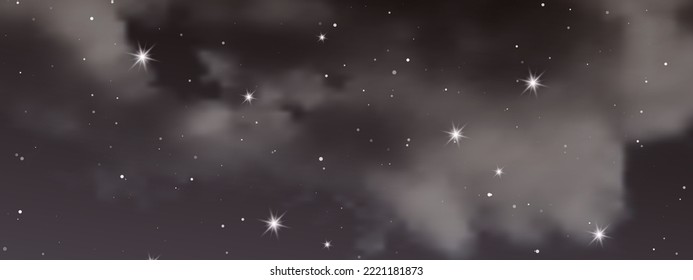 Night sky with clouds and many stars. Abstract nature background with stardust in deep universe. Vector illustration