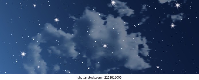 Night sky with clouds and many stars. Abstract nature background with stardust in deep universe. Vector illustration