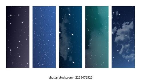 Night sky with clouds and many stars. Set of abstract nature vertical backgrounds with stardust in deep universe. Vector illustration